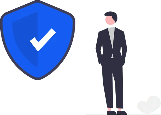Imagem de uma pessoa em pé ao lado de um selo de segurança